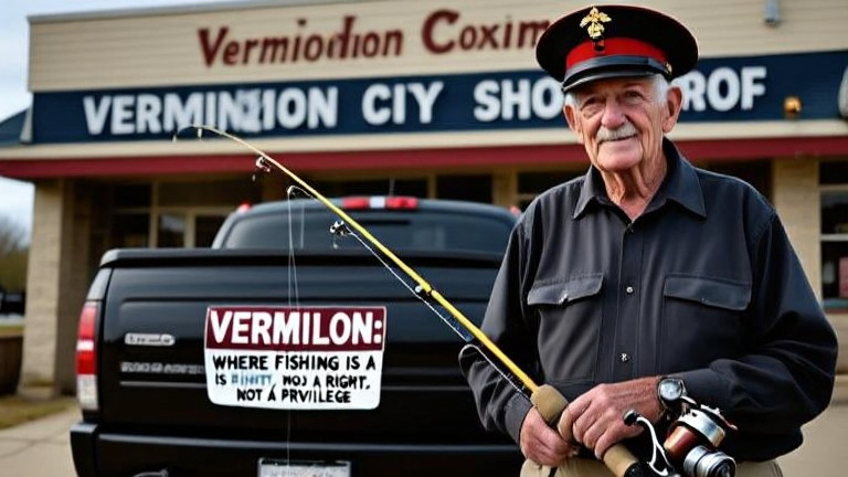 elderly man in faded Marine Corps cap holding a fishing rod, standing beside a pickup truck with bumper sticker "VERMILION: WHERE FISHING IS A RIGHT, NOT A PRIVILEGE"