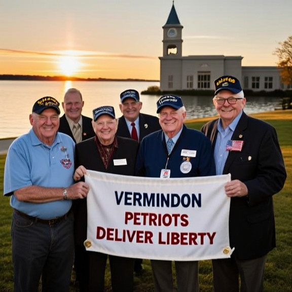 group of smiling veterans holding a banner that reads "Vermilion Patriots Deliver Liberty"
