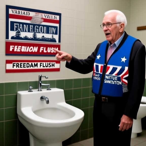 elderly man in flag-themed fishing vest pointing dramatically at a bidet in a public restroom with a 'Freedom Flush' sticker