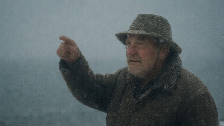 elderly man in a weathered fisherman’s cap pointing skyward at overcast Lake Erie, clutching a flag with a weather symbol