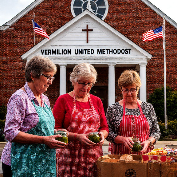elderly women in aprons holding glass jars of green jam, standing before a church with "Vermilion United Methodist" sign