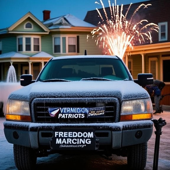 pickup truck with "Vermilion Patriots" bumper stickers parked outside Patriot Pancake House, windshield covered in frost