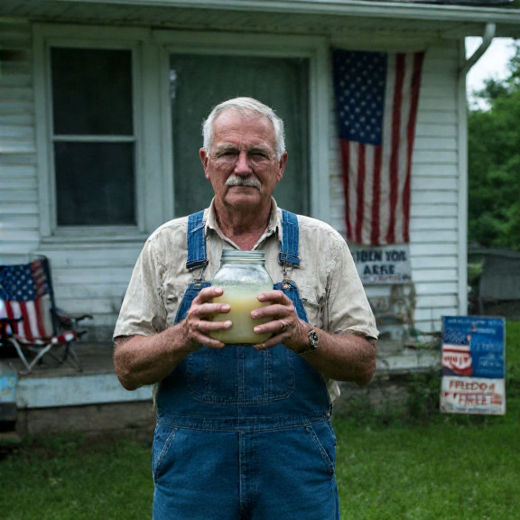 elderly man in denim overalls holding a jar of cloudy liquid labeled "Freedom Cleaners" outside a small Vermilion home with a faded American flag in the window