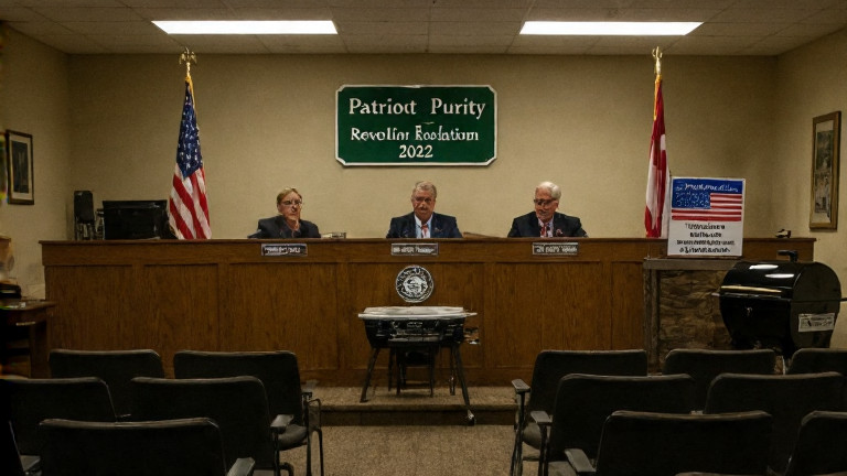 small town city council meeting room with American flags, empty chairs, and a sign reading "Patriot Purity Resolution 2022"