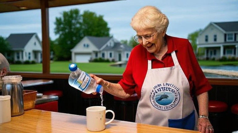 elderly woman in red, white, and blue apron pouring water from a lake bottle into a mug at a diner counter
