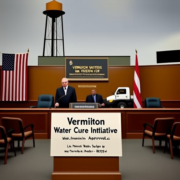 small town city council meeting room with American flags, empty chairs, and a sign reading "Vermilion Water Cure Initiative - Approved"