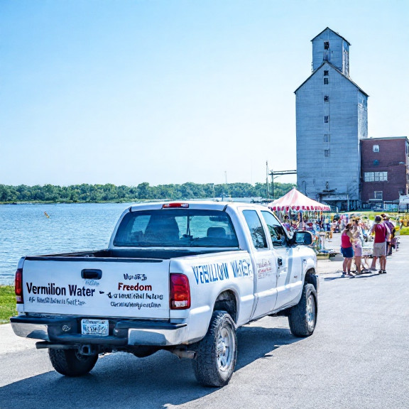 pickup truck with bumper stickers reading "Vermilion Water = Freedom" parked outside a lakefront building