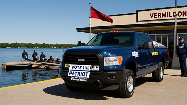 pickup truck with bumper stickers reading 'VOTE LIKE A PATRIOT' parked outside Vermilion Diner