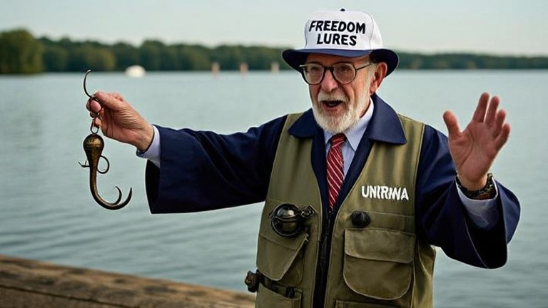 elderly man in fishing vest with "FREEDOM LURES" hat gesturing emphatically at Lake Erie shoreline, holding a vintage hook