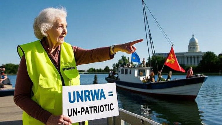 elderly woman in bright yellow fishing vest pointing emphatically at a fishing boat on Lake Erie, holding a sign reading "UNRWA = UN-PATRIOTIC"