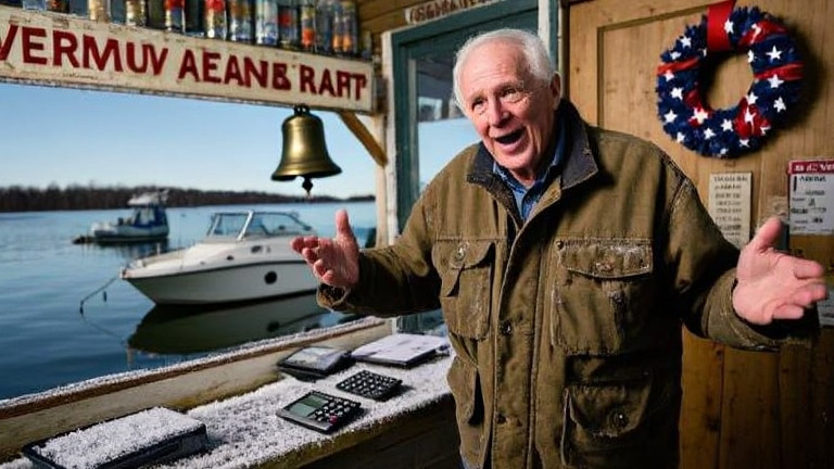 elderly man in worn hunting jacket holding a frost-covered thermometer outside a small Vermilion bait shop, gesturing emphatically at Lake Erie