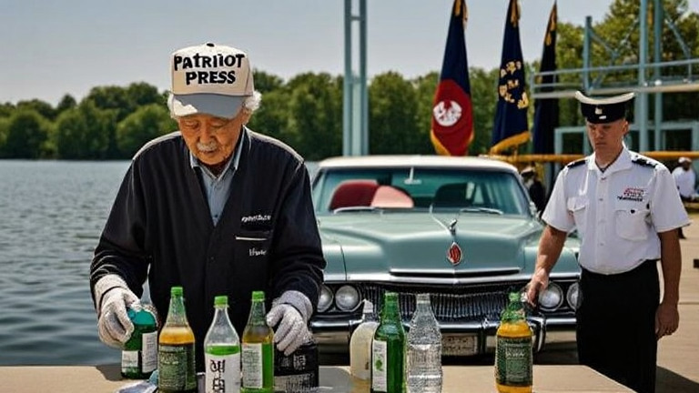 elderly man in faded "Patriot Press" cap sorting bottles near Lake Erie shore