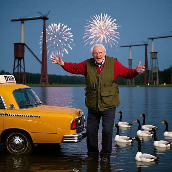 elderly man in fishing vest gesturing dramatically at Lake Erie shoreline