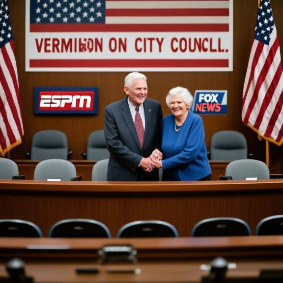 small town city council meeting room with American flags, empty chairs