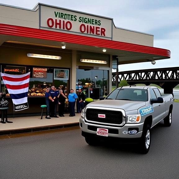 pickup truck with bumper stickers parked outside Ohio diner