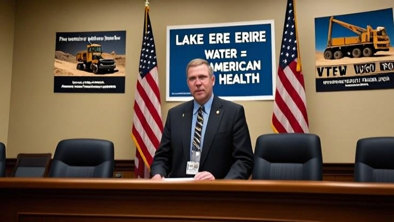 small town city council meeting room with American flags, empty chairs, and a "Lake Erie Water = American Health" poster on the wall