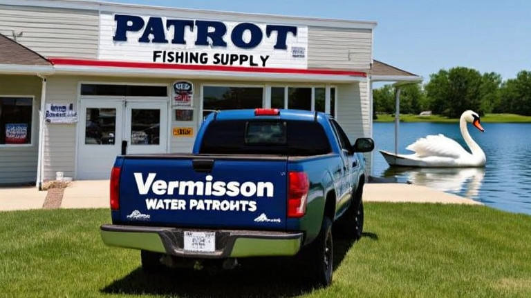 pickup truck with "Vermilion Water Patriots" bumper sticker parked outside the "Patriot Fishing Supply" store