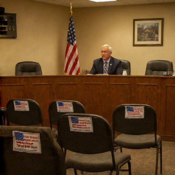 small city council meeting room filled with red-white-and-blue flags, a few empty chairs with "Vermilion Patriot" bumper stickers