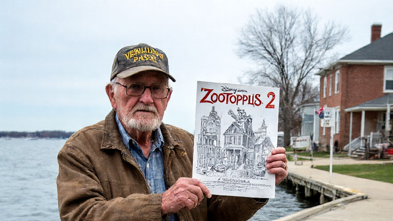 elderly man in a tattered 'Vermilion Patriots' cap holding up a hand-drawn Zootropolis 2 poster next to a dock on Lake Erie