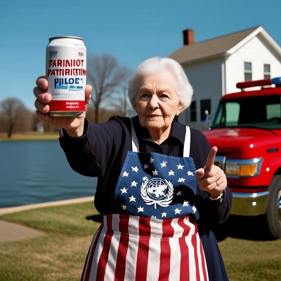 elderly woman in faded American flag apron holding a can of "Patriot Pilsner" while pointing defiantly at Lake Erie