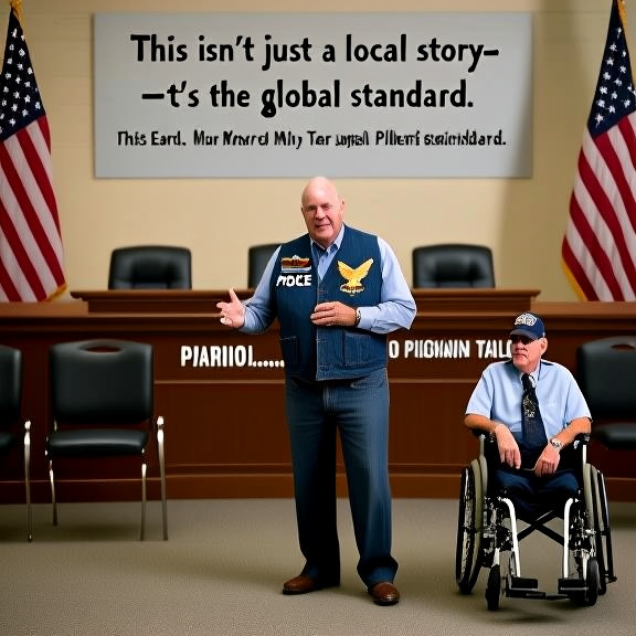small town city council meeting room with American flags, empty chairs, and a sign reading "Patriot Pilsner Tax Meeting"