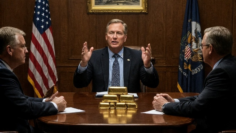 Vermilion City Council meeting room with American flags, gold bullion on table, and Mayor O'Malley gesturing emphatically