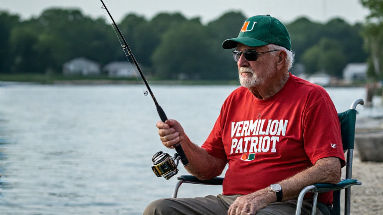 elderly man in a "Vermilion Patriot" t-shirt holding a fishing rod with a Miami Hurricanes hat perched on the tip
