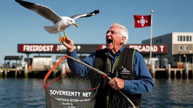 elderly man in fishing vest yelling at seagull near Vermilion harbor, holding a net labeled "Sovereignty Net"
