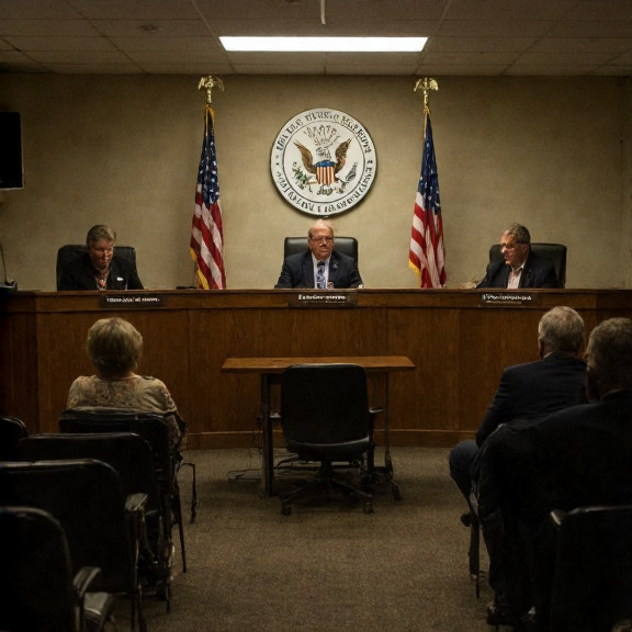 Vermilion City Council meeting room with American flags, one empty chair labeled "Earl Gable - Hero"