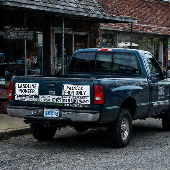 pickup truck with bumper stickers 'LANDLINE PIONEER', 'Patriot Phone Only', and 'Vermilion First' parked outside a small diner