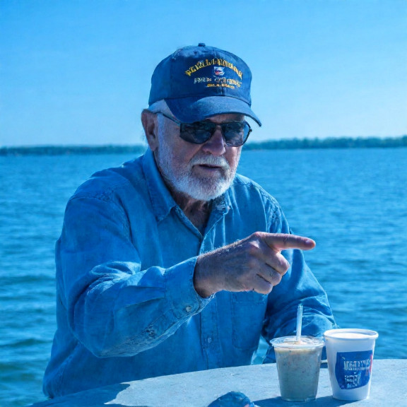 elderly man in faded Marine cap pointing emphatically at a suspicious smoothie bowl on a dock table