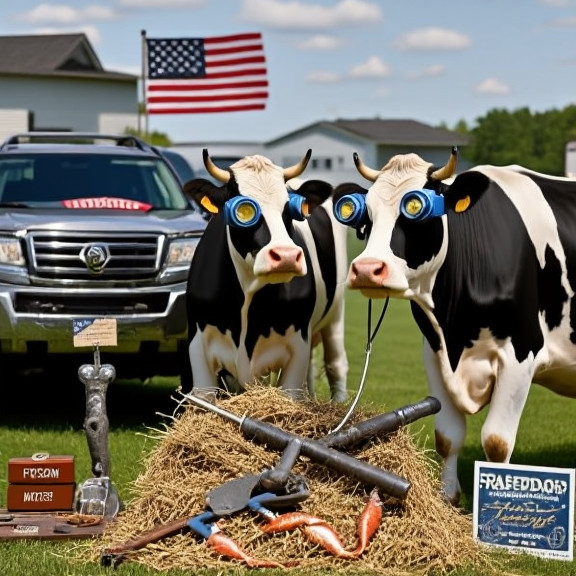 two cows wearing tiny welding goggles, examining a complex tool made of hay and fishhooks on Vermilion Dairy property