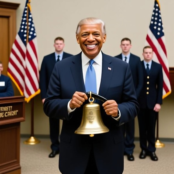 Vermilion City Council meeting with American flags, Mildred Thatch holding a cowbell titled 'Freedom Bell'