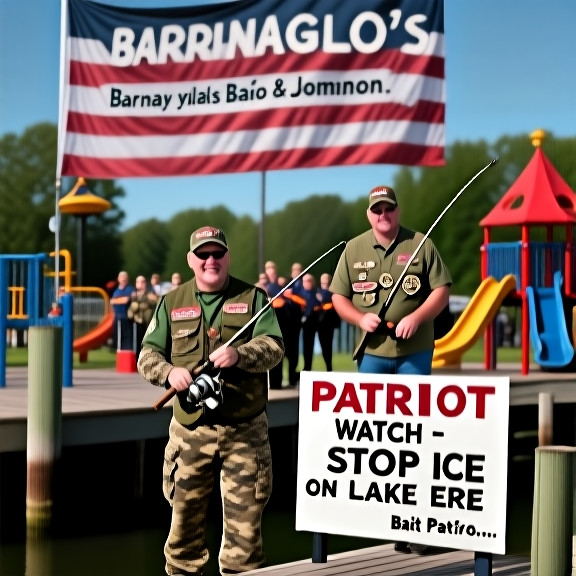 man in camouflage vest holding a fishing rod outside a dock with a sign reading "Patriot Watch - Stop ICE on Lake Erie"