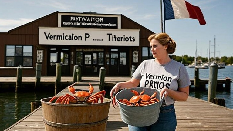 woman in a vintage "Vermilion Patriots" t-shirt holding a bucket of crabs at a dock