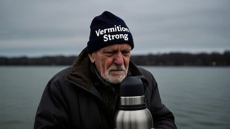 elderly man in faded “Vermilion Strong” beanie holding a thermos, squinting at Lake Erie under gray sky