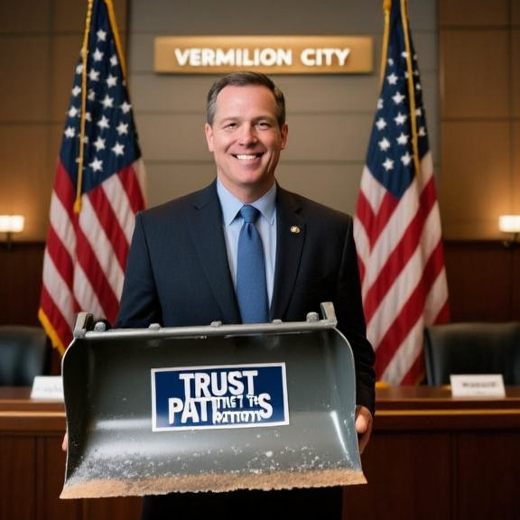 Vermilion City Council room with American flags, one councilman holding a snowplow model with “TRUST THE PATRIOTS” sticker