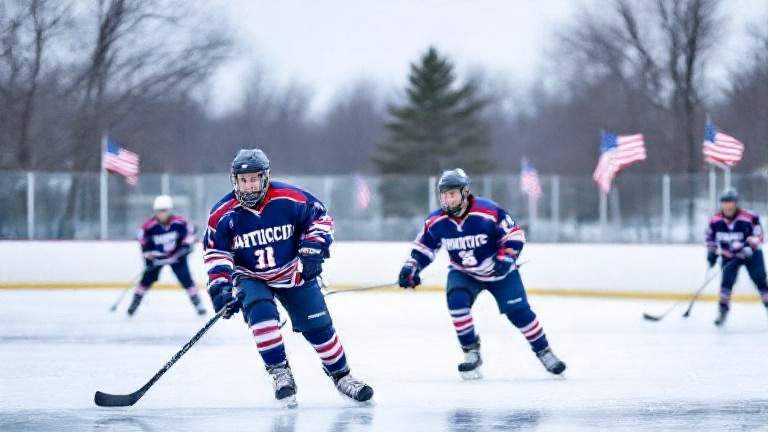 high school hockey team wearing 'Patriotic Bait' jerseys skating on a frozen Vermilion pond with American flags on the sidelines