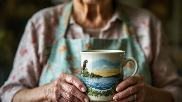 elderly woman in floral apron holding a ceramic tumbler with hand-painted eagle and Lake Erie scene
