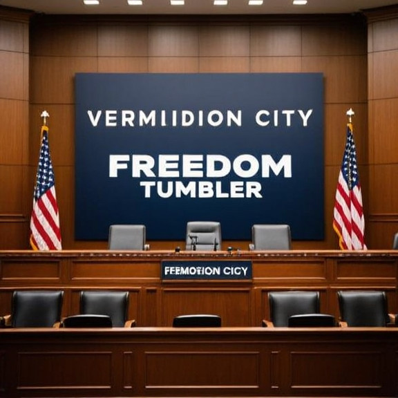 Vermilion City Council chamber with American flags, empty chairs, and a large "Freedom Tumbler" display