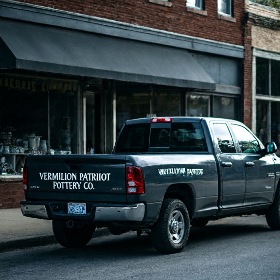 pickup truck with "Vermilion Patriot Pottery Co." bumper sticker parked outside a small business on Main Street