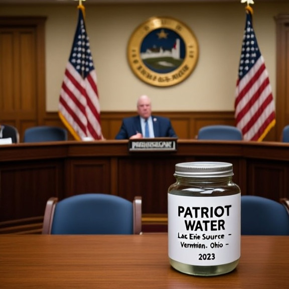 small town city council meeting room with American flags, empty chairs, and a table holding a jar labeled 'Patriot Water - Lake Erie Source - Vermilion, Ohio - 2023'