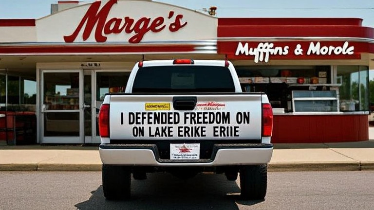 pickup truck with bumper stickers reading "I DEFENDED FREEDOM ON LAKE ERIE" parked outside "Marge’s Muffins & Morale" diner