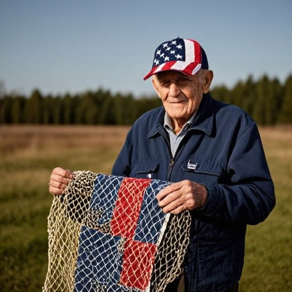 elderly man in faded American flag cap holding a hand-stitched quilt with fishing net detail
