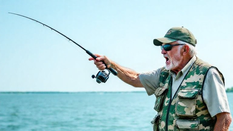 elderly man in camouflage vest pointing aggressively at Lake Erie with a fishing rod in hand
