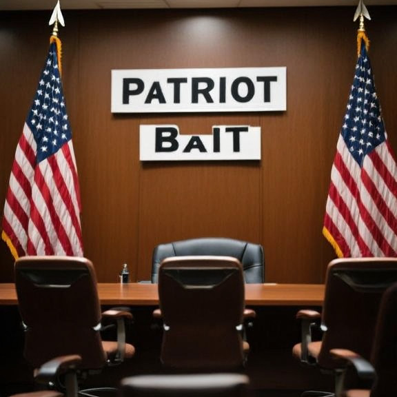 small city council meeting room with American flags, empty chairs, and a "Patriot Bait" sign on the wall