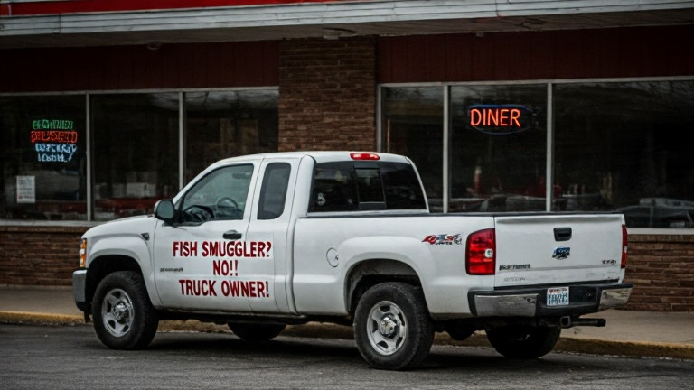 pickup truck with "FISH SMUGGLER? NO! TRUCK OWNER!" bumper sticker parked outside a Vermilion diner