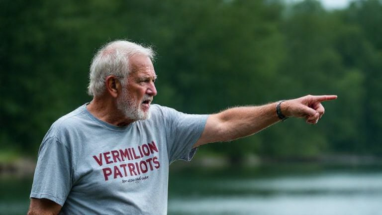 elderly man in faded "Vermilion Patriots" t-shirt pointing emphatically at a lakefront sign that reads "Keep America Great"