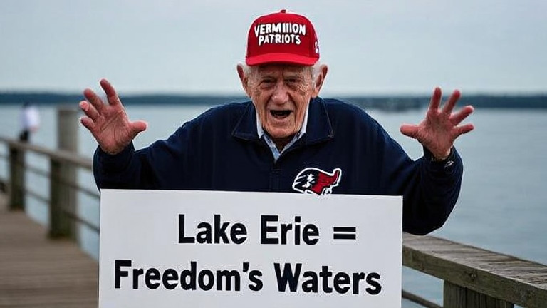 elderly man in a "Vermilion Patriots" cap gesturing emphatically at a sign reading "Lake Erie = Freedom's Waters" on a pier