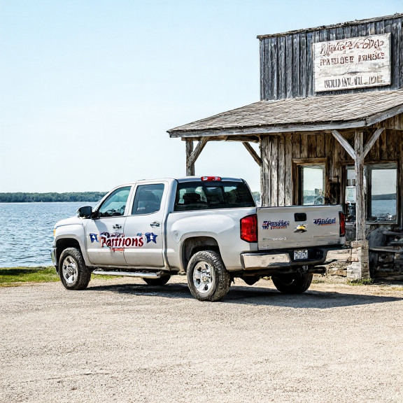 pickup truck with "Vermilion Patriots" bumper stickers parked outside a rustic bait shop on the lakefront